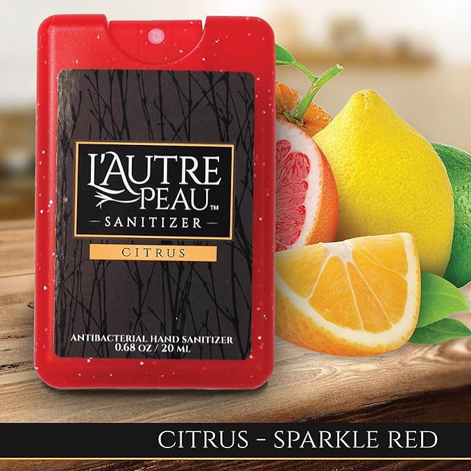 Antibacterial Travel Hand Sanitizer Spray with Aloe Vera by L’AUTRE PEAU - Unique Flat Credit Card Shape - Citrus Scented Mini Sparkle Pocket Size (Sparkle Black, Red, Blue, 6 Pack)