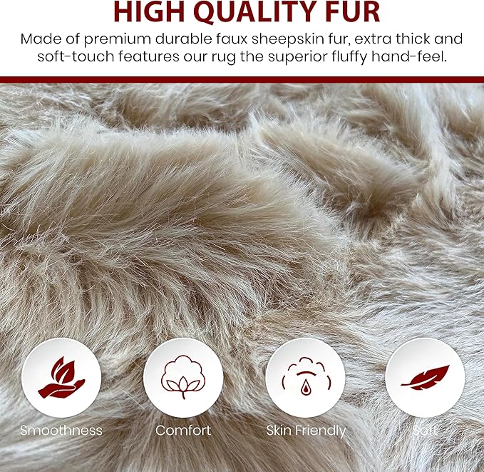 LAMBZY High Pile Super Fluffy Soft Faux Sheepskin Rug | Faux Sheepskin Rugs for Living Room Playroom Bedroom | Classic Super Soft to Touch Rug (6'x9', Beige)