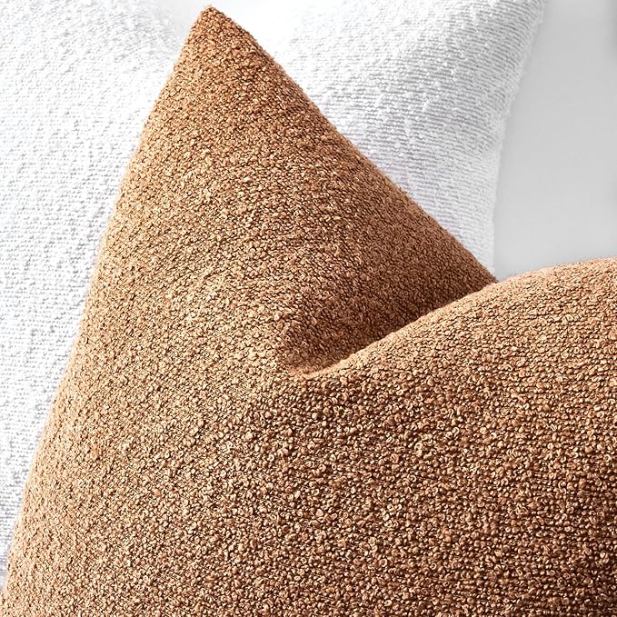 Boucle Decorative Throw Pillow Covers for Couch Set of 2, 24x24 inches, Tobacco