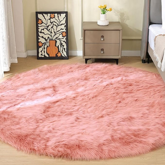 Pink Washable Shag Round Rugs 6.6ft Soft Plush Faux Sheepskin Fuzzy Fur Rugs for Bedroom Large Circle Fluffy Nursery Rug