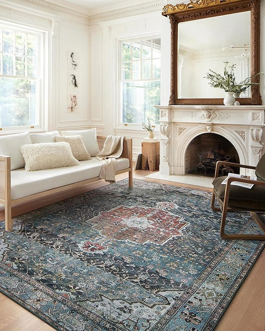 Loloi Margot Collection MAT-05 Ocean/Brick 3'-6" x 5'-6" Accent Rug feat. CloudPile, No-Shed Easy Clean Large Patterned Area Rug for Living Room, Bedroom, Dining Area