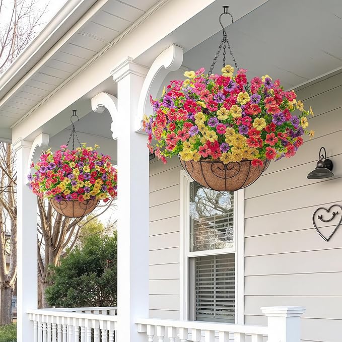 Artificial Faux Hanging Flowers Plants Basket for Outdoors Outside Spring Summer Decoration,Hanging Planters with Silk Fake Flowers Realistic UV Resistant Balcony Porch Garden Patio Home(4 Multicolor)