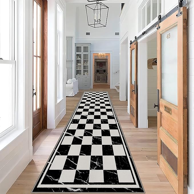 Grey Black Checkered Kitchen Hallway Carpet, 1.3x7ft, Abstract Black Marble Indoor Decor Washable Rugs, Durable Soft Cozy Non Slip Rug, Breathable Non Shedding Mats for Front Porch