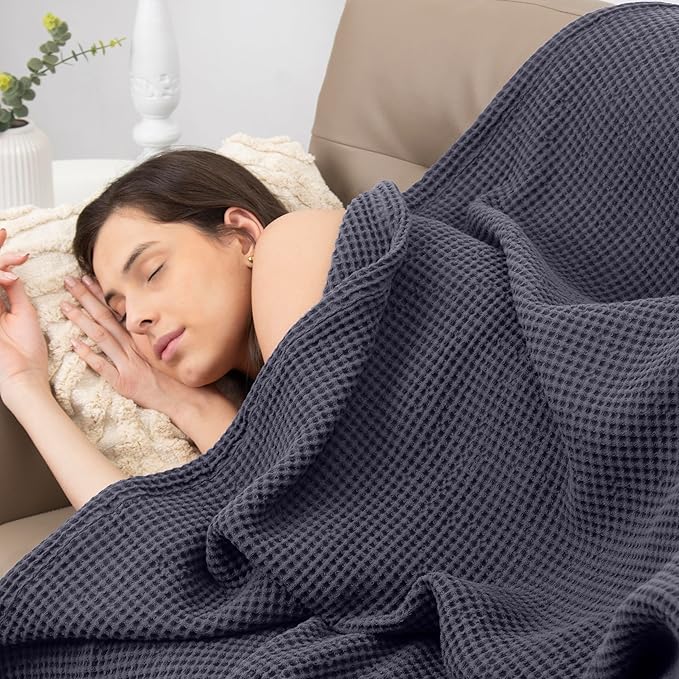 Organic Cotton Waffle Blankets Throw Size (50" x 60") Lightweight, Breathable and Soft, for Sofa, Couch, Bed, Picnic All-Season - Summer, Spring, Winter (Grey)
