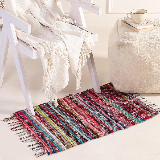 HOMEMONDE Reversible Chindi Rag Rug with Decorative Tassels | 20x32 Inches Hand-Braided Multicolor Cotton Entryway Doormat | Boho Style for Kitchen, Living Room, Bedroom, and Any Space
