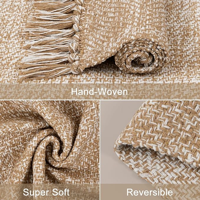 Collive Boho 18 ft Long Runner Rug for Hallway, Washable Kitchen Runner, Cotton Hand-Woven Farmhouse Neutral Carpet Runners, Tan/Cream Low Pile Entryway Floor Runners for Bedroom