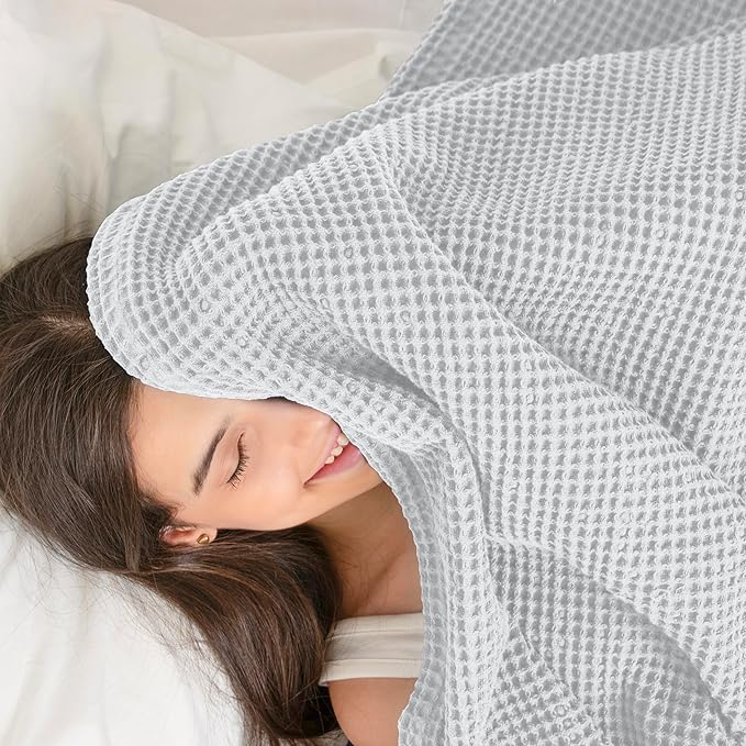 Organic Cotton Waffle Weave Blanket Throw (50" x 60") – Lightweight, Breathable & Soft All-Season Blanket for Couch, Bed, Sofa – Cozy Modern Woven for Beach, Picnic, Travel & Gifts(White)