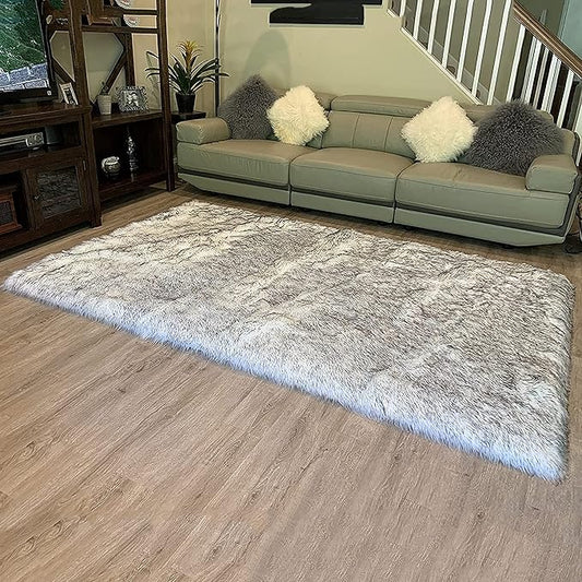 LAMBZY High Pile Super Fluffy Soft Faux Sheepskin Rug | Faux Sheepskin Rugs for Living Room Playroom Bedroom | Classic Super Soft to Touch Rug (5'x8', White/Black Tips)