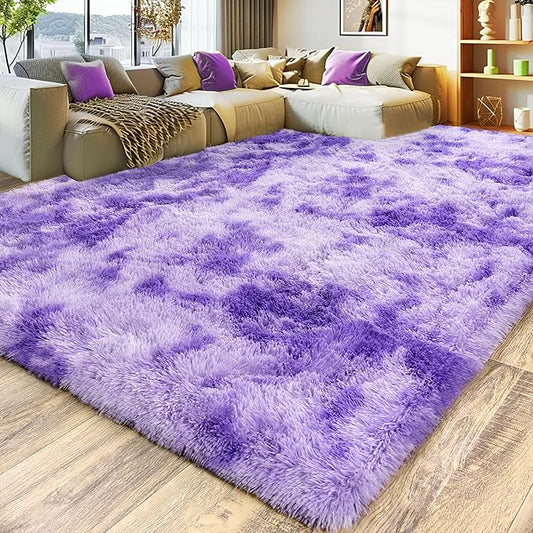 Large 9x12 Area Rug for Living Room, Soft Shag Thick Fluffy Carpet for Bedroom, Plush Fuzzy for Girls Boys Kids Room Non Slip Dorm Home Decor Aesthetic, Tie-Dyed Purple