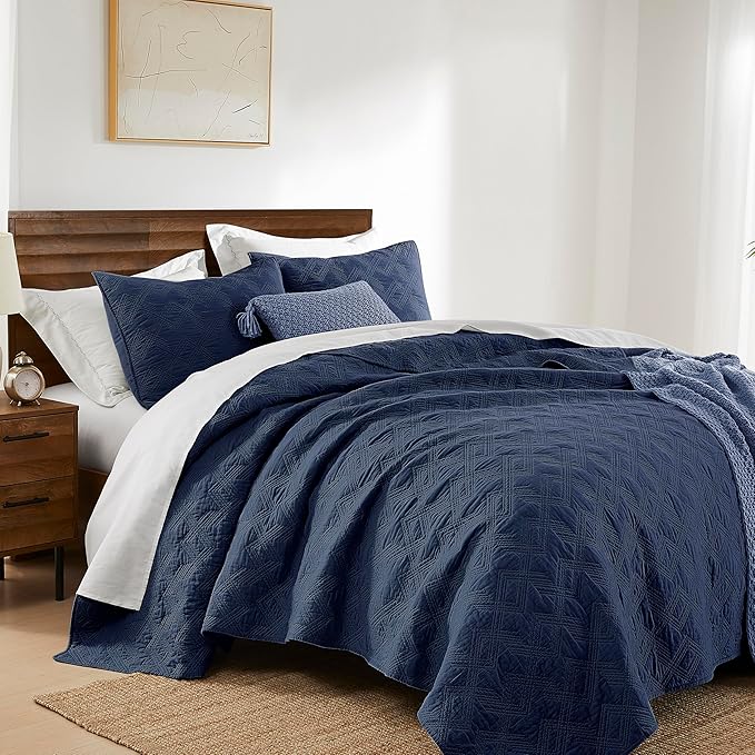 WDCOZY 100% Cotton Queen Size Quilt Set - Navy Blue Pre-Washed Soft Lightweight Modern Bedspread, Farmhouse Country Rustic Coverlet, Textured Like Linen, Shabby Chic Gauze Bedding, 3 Pieces