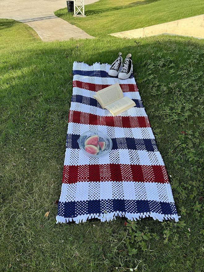 Handmade Mexican Chindi Rug-Colorful Washable Boho Rag Rug 5x2 ft Woven Runner for Kitchen, Bedroom, or Bath, Hippie Area Mat with Tassels, Mexican Style Floor Carpet-Rustic (Stripes Red and Blue)