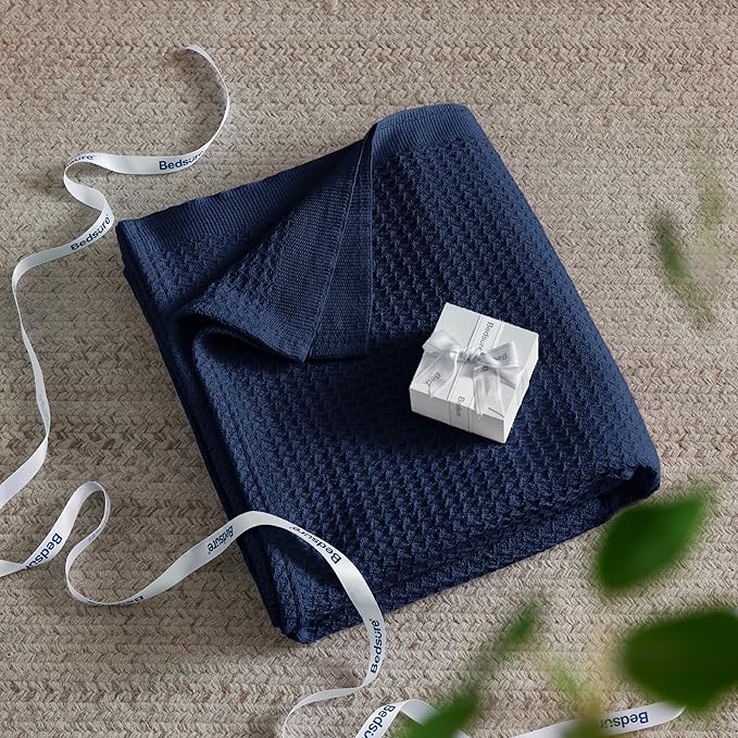 Bedsure Gentlesoft 100% Cotton Blanket Twin XL Size for College Dorm - Breathable and Soft, Waffle Weave Twin Blanket for Summer, Dorm Room Essentials, Pageant Blue, 66x90 inches