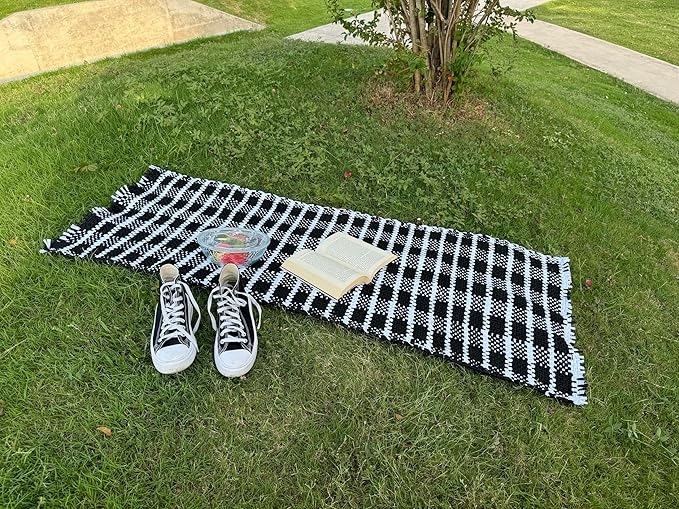 Handmade Mexican Chindi Rug-Colorful Washable Boho Rag Rug 5x2 ft Woven Runner for Kitchen, Bedroom, or Bath, Hippie Area Mat with Tassels, Mexican Style Floor Carpet-Rustic (Chekered Dark)