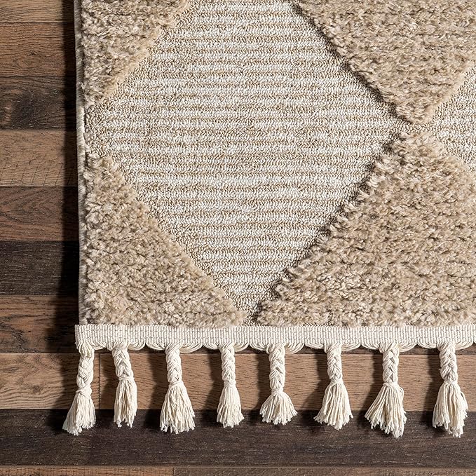 Nuloom Marissa Beige/Ivory, 2'6" x 10', Diamond, Tassel, Soft and Cozy, High Traffic, Stain Resistant, Easy Clean, Durable Runner for Bedroom, Living Room, Dining Space, Den, Foyer, Entryway