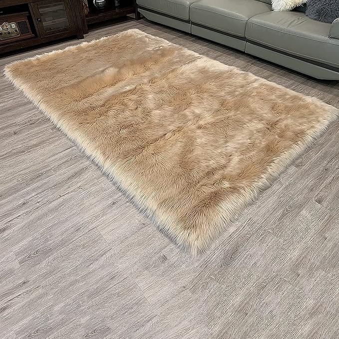 LAMBZY High Pile Super Fluffy Soft Faux Sheepskin Rug | Faux Sheepskin Rugs for Living Room Playroom Bedroom | Classic Super Soft to Touch Rug (6'x9', Beige)