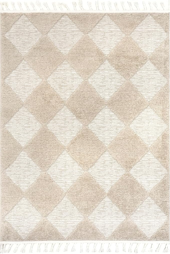 Nuloom Marissa Beige/Ivory, 2'6" x 10', Diamond, Tassel, Soft and Cozy, High Traffic, Stain Resistant, Easy Clean, Durable Runner for Bedroom, Living Room, Dining Space, Den, Foyer, Entryway
