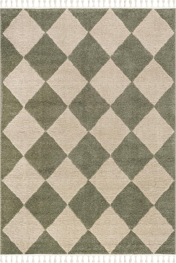 Nuloom Marissa Green/Ivory, 9' x 12', Diamond, Tassel, Soft and Cozy, High Traffic, Stain Resistant, Easy Clean, Durable Area Rug for Bedroom, Living Room, Dining Space, Den, Foyer, Entryway