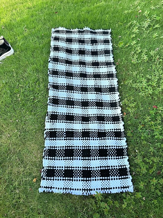 Handmade Mexican Chindi Rug-Colorful Washable Boho Rag Rug 5x2 ft Woven Runner for Kitchen, Bedroom, or Bath, Hippie Area Mat with Tassels, Mexican Style Floor Carpet-Rustic (Checkered Light)