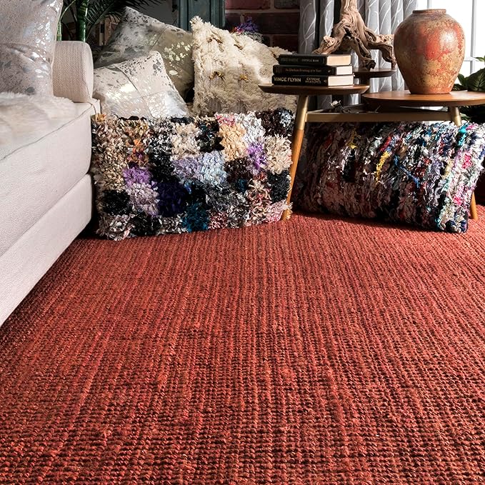 nuLOOM 8x10 Daniela Jute Tassel Hand Woven Area Rug, Brick, Solid Chunky Farmhouse Design, Natural Fiber, For Bedroom, Dining Room, Living Room, Hallway, Office, Entryway