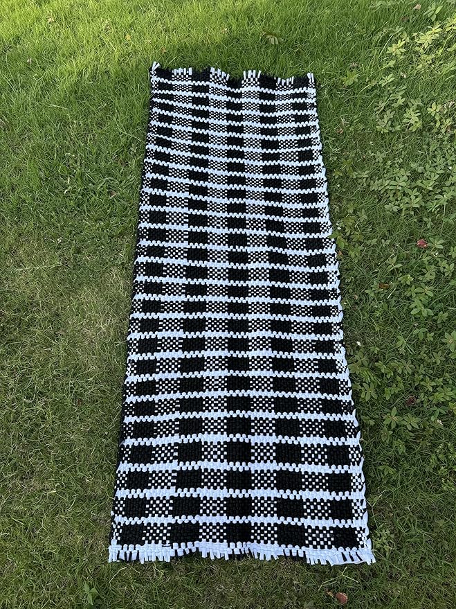 Handmade Mexican Chindi Rug-Colorful Washable Boho Rag Rug 5x2 ft Woven Runner for Kitchen, Bedroom, or Bath, Hippie Area Mat with Tassels, Mexican Style Floor Carpet-Rustic (Chekered Dark)