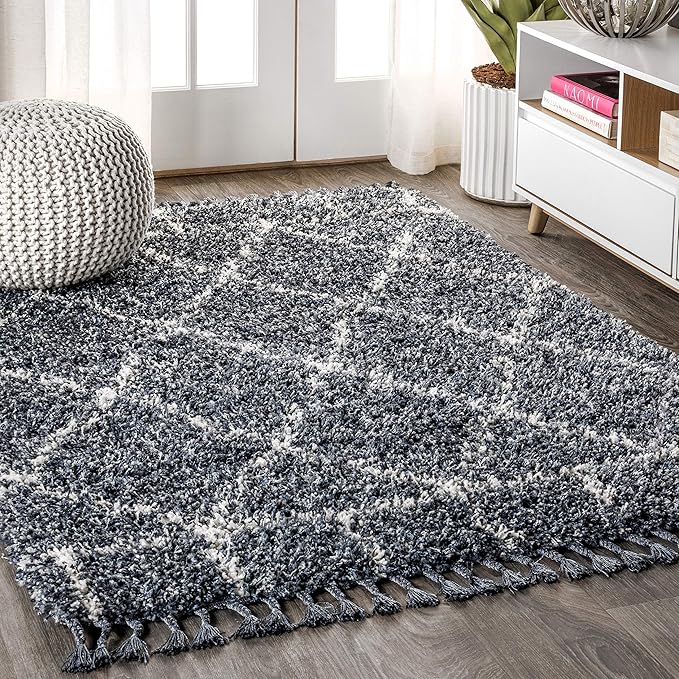 JONATHAN Y Mercer Shag Plush Tassel Blue/Cream Indoor Area Rug, 4x6, Moroccan Geometric Trellis, Easy-Cleaning for Living Room, Bedroom, Kitchen, Pet Friendly, Non-Shedding (MCR101A-4)