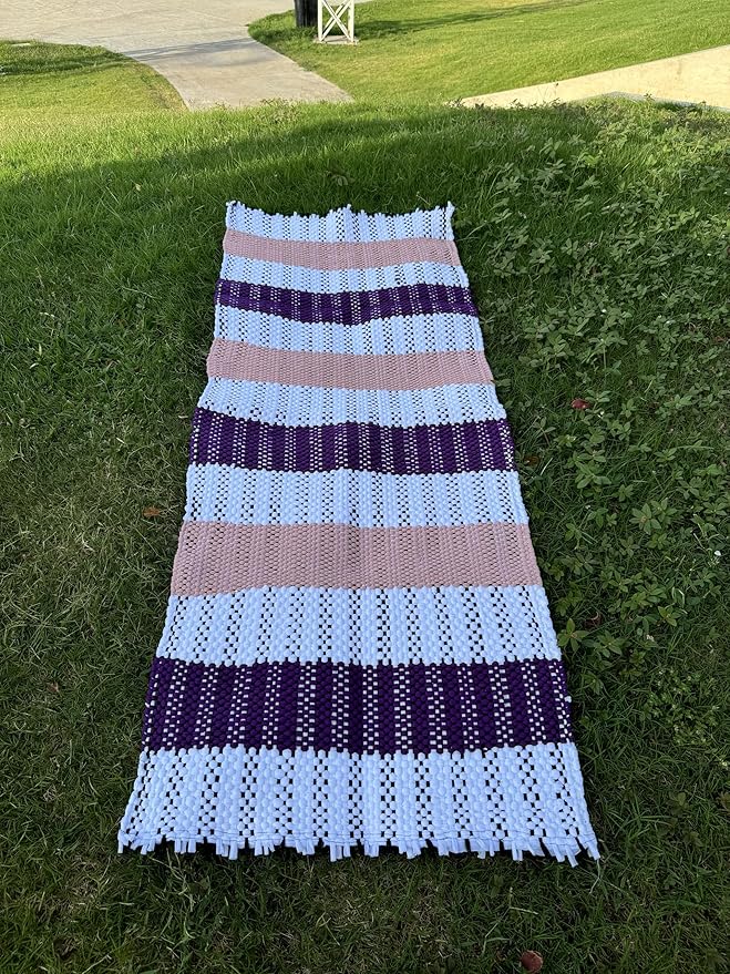 Handmade Mexican Chindi Rug-Colorful Washable Boho Rag Rug 5x2 ft Woven Runner for Kitchen, Bedroom, or Bath, Hippie Area Mat with Tassels, Mexican Style Floor Carpet-Rustic (Stripes Pink and Purple)