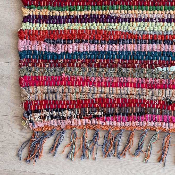 HOMEMONDE 2'x8' Chindi Runner Rug with Tessels | Reversible Hand-Braided Multicolor Cotton Rug | Recycled Stylish Boho Runner for Kitchen, Bedroom, & Living Room Decor