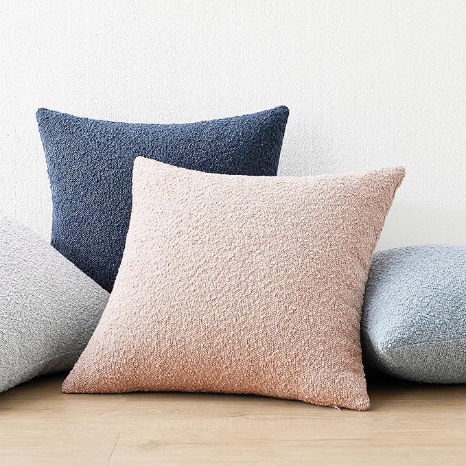 Mixhug Decorative Boucle Throw Pillow Covers, Midnight Blue, 18 x 18 Inches, Pack of 2 - Textured Boho Pillow Covers for Couch and Bed