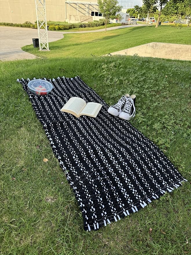 Handmade Mexican Chindi Rug-Colorful Washable Boho Rag Rug 5x2 ft Woven Runner for Kitchen, Bedroom, or Bath, Hippie Area Mat with Tassels, Mexican Style Floor Carpet-Rustic (Stripes Black and White)