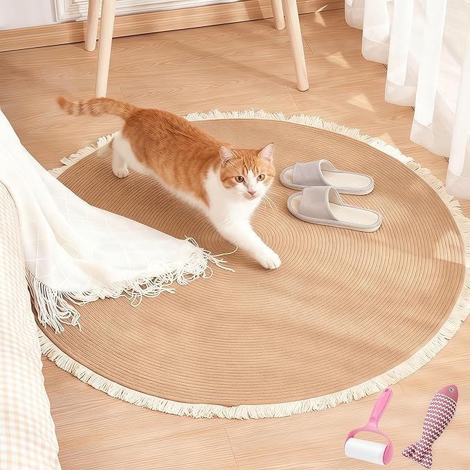 Cotton Rope Area Rug for Cats, Cat Scratching Rug, Washable Round Vintage Reversible Woven Tassel Rug, Soft and Stylish Home Accent, Easy Clean, Multiple Sizes (Coffee, 18" (45cm))