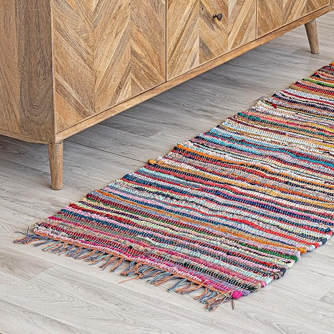 HOMEMONDE Chindi Runner Rug with Tassels 2'x6' Multicolor Recycled Cotton Hand Woven Reversible Boho Rugs for Kitchen, Bedroom, Living Room, Entryway