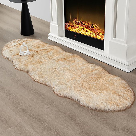 Faux Fur Rug Runner 2x6 ft White Yellow - Machine Washable Super Soft Plush Shaggy Fluffy Area Carpet,Sheepskin Rug Fuzzy Floor Mat for Bedroom, Sofa,Living Room, Bedside, Nursery & Kids Room