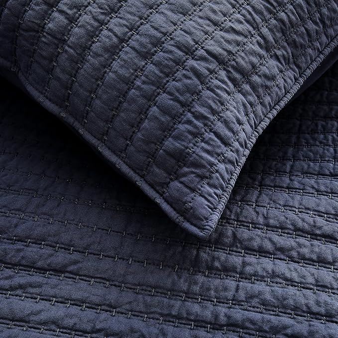 WDCOZY 100% Cotton Queen Size Quilt Set - Navy Blue Striped Pick Stitch Soft Lightweight Bedspread, Textured Like Linen, Farmhouse Country Rustic Coverlet, Shabby Chic Gauze Bedding, 3 Pieces