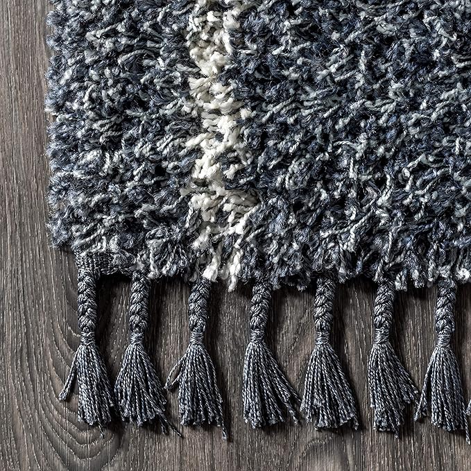 JONATHAN Y Mercer Shag Plush Tassel Blue/Cream Indoor Area Rug, 5x8, Moroccan Geometric Trellis, Easy-Cleaning for Living Room, Bedroom, Kitchen, Pet Friendly, Non-Shedding (MCR101A-5)