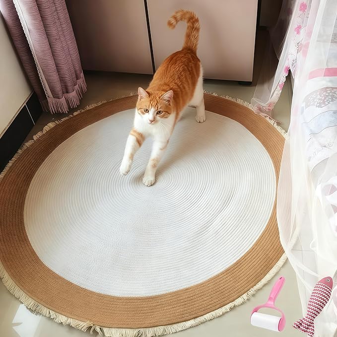 Cotton Rope Area Rug for Cats, Cat Scratching Rug, Washable Round Vintage Reversible Woven Tassel Rug, Soft and Stylish Home Accent, Easy Clean, Multiple Sizes (Off-White, 32" (80cm))