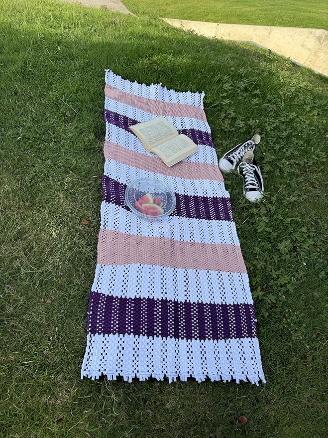 Handmade Mexican Chindi Rug-Colorful Washable Boho Rag Rug 5x2 ft Woven Runner for Kitchen, Bedroom, or Bath, Hippie Area Mat with Tassels, Mexican Style Floor Carpet-Rustic (Stripes Pink and Purple)