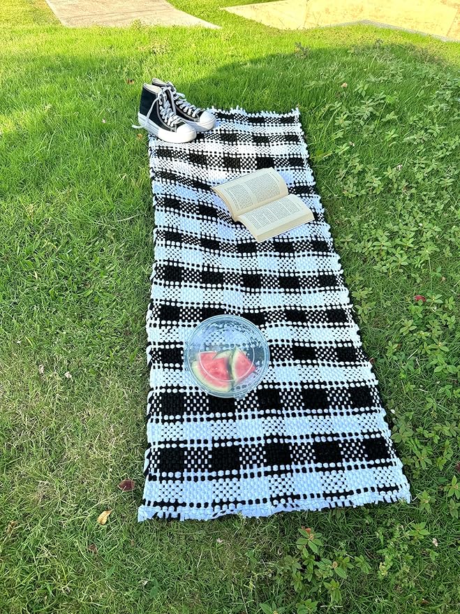 Handmade Mexican Chindi Rug-Colorful Washable Boho Rag Rug 5x2 ft Woven Runner for Kitchen, Bedroom, or Bath, Hippie Area Mat with Tassels, Mexican Style Floor Carpet-Rustic (Checkered Light)