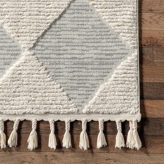 Nuloom Marissa Off-White/Grey, 2'8" x 8', Diamond, Tassel, Soft and Cozy, High Traffic, Stain Resistant, Easy Clean, Durable Runner for Bedroom, Living Room, Dining Space, Den, Foyer, Entryway