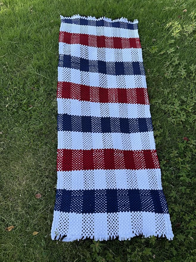 Handmade Mexican Chindi Rug-Colorful Washable Boho Rag Rug 5x2 ft Woven Runner for Kitchen, Bedroom, or Bath, Hippie Area Mat with Tassels, Mexican Style Floor Carpet-Rustic (Stripes Red and Blue)