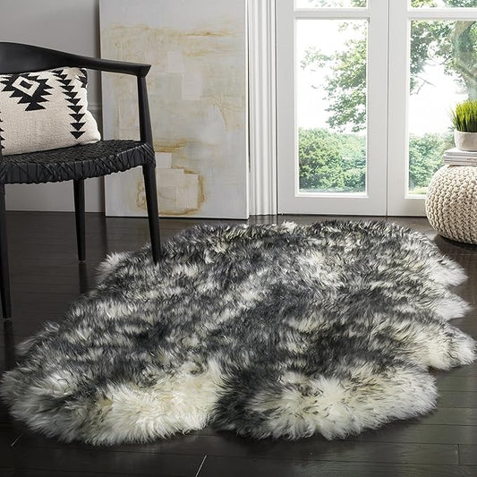 SAFAVIEH Sheep Skin Collection Accent Rug - 3'7" x 5'11", Ivory & Dark Charcoal, Handmade Rustic Glam Genuine Pelt, 3.4-inch Thick Ideal for High Traffic Areas in Foyer, Living Room, Bedroom (SHS121G)