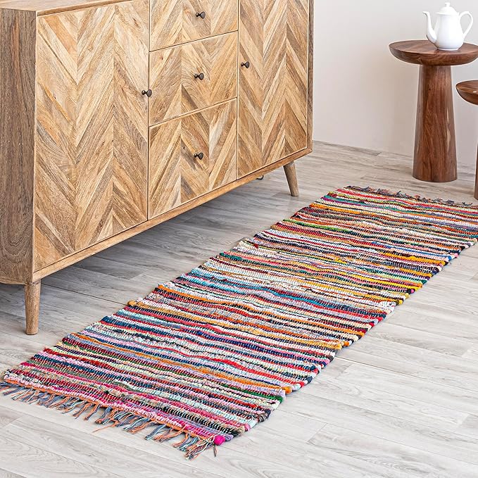 HOMEMONDE Chindi Runner Rug with Tassels 2'x6' Multicolor Recycled Cotton Hand Woven Reversible Boho Rugs for Kitchen, Bedroom, Living Room, Entryway